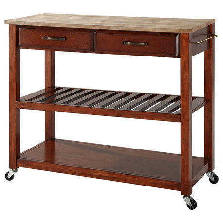 Natural Wood Top Kitchen Cart/Island, Optional Stool Storage, Classic Cherry