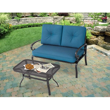 2 Pack Loveseat with Coffee Table, Metal Frame With Peacock Blue Cushions