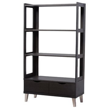 Kalien Wood Leaning Bookcase With Display Shelves and Two Drawers, Dark Brown