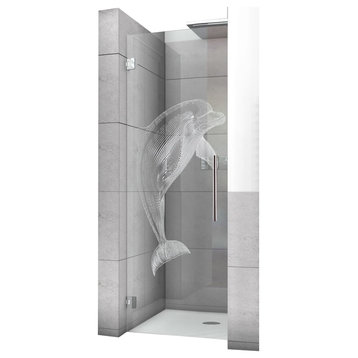 Hinged Alcove Shower Door With Dolphin Design, Non-Private, 32"x70" Inches, Left