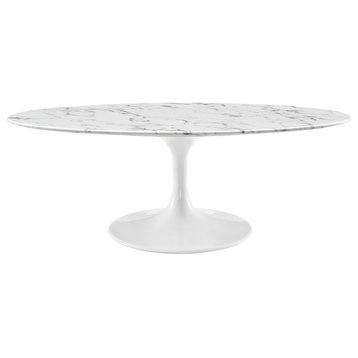 Modern Contemporary Urban Mid Century Oval Coffee Table, White, Metal Wood