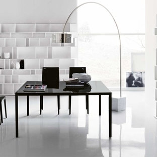 Inspiration for a medium sized modern study in Toronto with white walls, marble flooring, no fireplace and a freestanding desk.