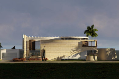 Inspiration for a large contemporary beige three-story stone exterior home remodel in Los Angeles with a metal roof