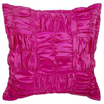 Pink Throw Pillow Cover, Ruched Pink Solid Color 14"x14" Satin, Hot Pink