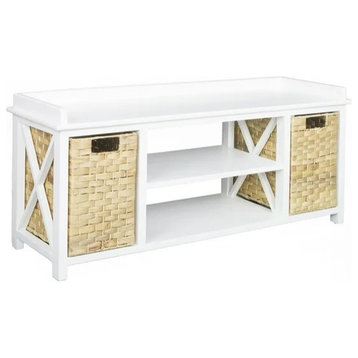 Transitional Storage Bench, Center Open Shelves With Side Rattan Baskets, White