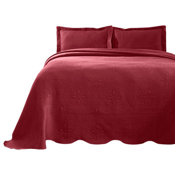 100% Cotton Geometric Luxury Quilted Bedspread, Burgundy, King