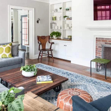 Select Hickory Plank Flooring, Living Room with Fireplace