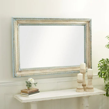 Farmhouse Wall Mirror, Unique Floral Carved Frame, Distressed White/32" X 48"