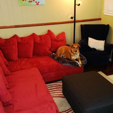 Bright Red Armless Sectional w/ White Fireplace | The Sofa Company