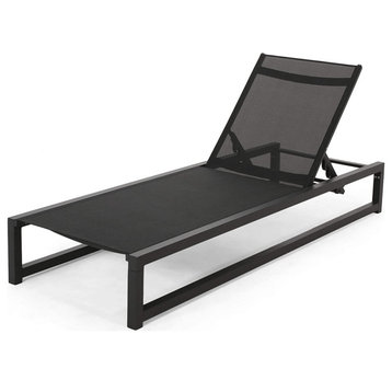 Modern Patio Chaise Lounge, Aluminum Frame and Adjustable Sling Seat, Black