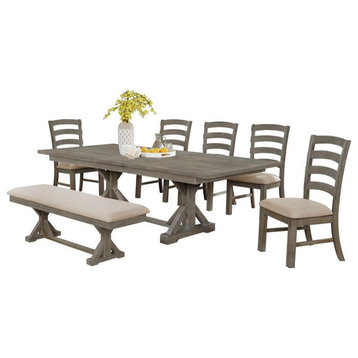 7pc Rustic Gray Brown Wood Dining Set with Beige Linen Bench and Chairs