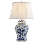 Port 68 - Georgia Blue Lamp - Georgia is our blue and white shaped temple jar in a modern floral pattern.  It is accented with polished nickel hardware and round lucite base. Includes a raised polished nickel ball finial.  Pattern wraps around the temple jar.