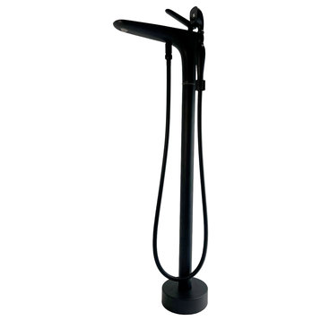 Pluto Floor Mounted Triangle Head Tub Filler Faucet with Handshower, Matte Black, Breeze Handle