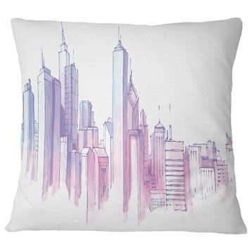 Purple City Skyline Cityscape Painting Throw Pillow, 18"x18"
