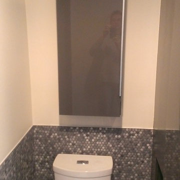 MASTER BATHROOM - Large Wave Tile Shower / Penny Tile Wainscot / Ikea Cabinets