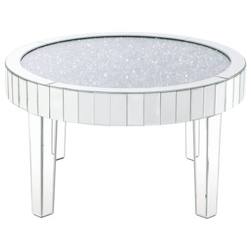 Elegant Mirrored Coffee Table, Mosaic Edge With Round Faux Diamond Top, Silver