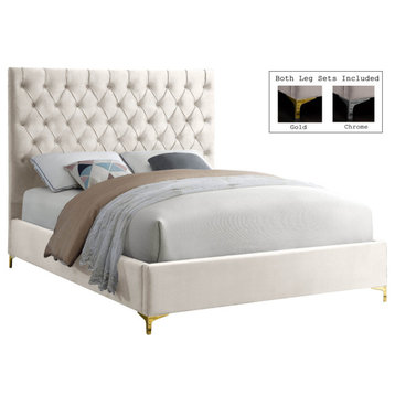 Cruz Velvet Upholstered Bed, Cream, Queen
