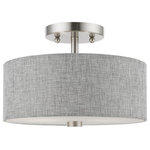 Livex Lighting - Dakota 2 Light Brushed Nickel With Shiny White Accents Semi-Flush - This two light semi flush from the Dakota collection has a clean, crisp look and contemporary appeal while offering antiquate light. The sleek design features a brushed nickel finish with shiny white finish accents. The hand crafted urban gray fabric hardback shade with white color fabric on the inside offers warm light for your surroundings.