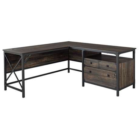 Sauder Steel River L-Shaped Desk in Engineered Wood-Carbon Oak