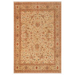 Bareens Designer Rugs - Boho Chic Ziegler Merjan Tan Blue Hand-Knotted Wool Rug - 8'11'' x 11'4'' - Enhance the ambiance of your home with this magnificent Persian-influenced Turkish hand-knotted rug made by skilled artisans capable of creating the most exceptional vegetable dyes and hand-spun wool. This exquisite handmade rug is a one-of-a-kind Peshawar Kafkaz, otherwise identified as Chobi, Chobi Peshawar, Oushak, or Ziegler rug. These handmade rugs are crafted in Pakistan utilizing superior-quality wool imported from Australia, New Zealand, and Korea in two types of weaves: the Persian weave and the Mori weave. This rug is meticulously crafted by hand using the finest natural vegetable dyes extracted from local plants. The artisans use a blend of hand-spun local and fine merino wool, resulting in a rug with a compelling texture, higher lanolin content, and longer staple. The artisans occasionally incorporate natural or artificial silk into the pile to enhance specific motifs. The finished product is an awe-inspiring execution of flawless design and an understated palette that exudes elegance.