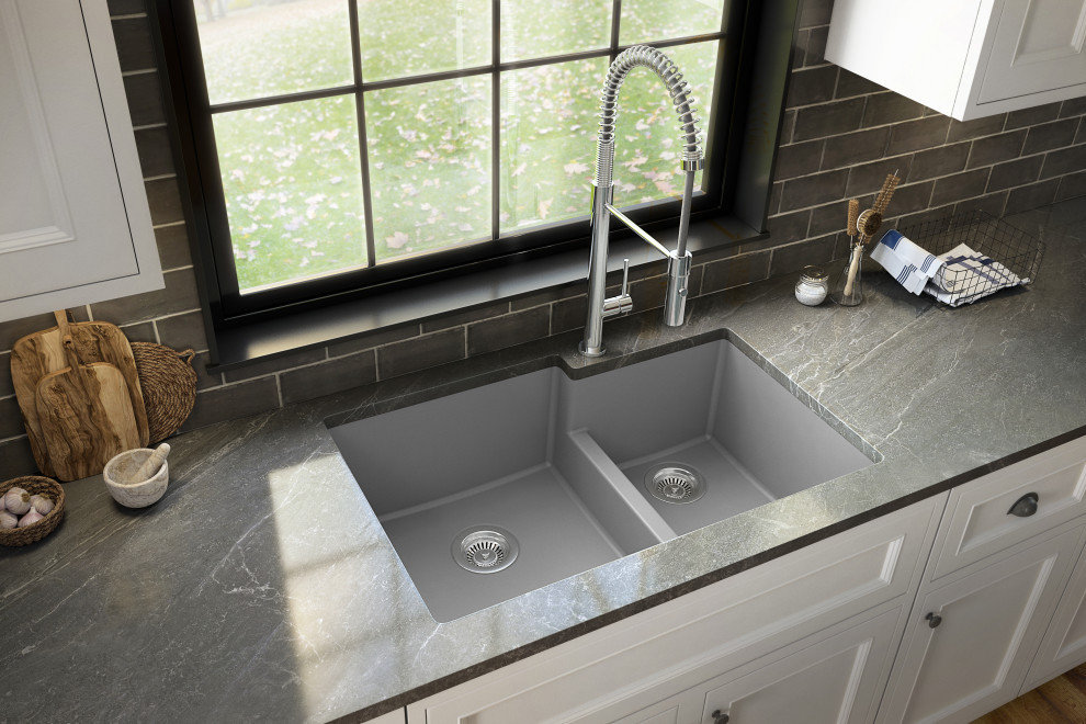 Karran 32" Undermount Large/Small Bowl Quartz Kitchen Sink, Grey