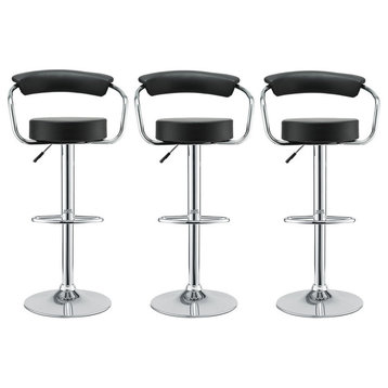 Modway Diner 24.5-33" Genuine Leather and Steel Bar Stool in Black (Set of 3)