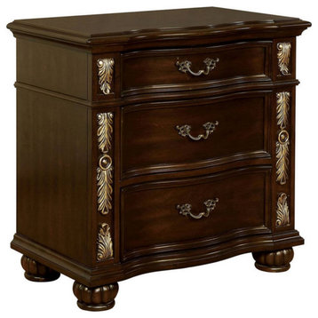 3 Drawer Wooden Nightstand With Decorative Accent And Usb Plugin, Brown
