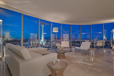 Living room - contemporary open concept marble floor living room idea in Las Vegas with multicolored walls