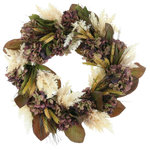Creative Displays - 23" Grapevine Wreath with Hydrangea, Pampas and Wheat - Welcome the warm embrace of nature into your home with our gorgeous 23" Grapevine Wreath with Hydrangea, Pampas and Wheat. Handcrafted with stunning magnolia leaves, delicate cream pampas grass, lush plum hydrangeas, and rustic wheat, this beautiful wreath is sure to add a touch of class to any space. Faux and made of high quality and durable materials, this wreath doesnï¿½t require any maintenance or watering so you can enjoy the fresh feeling of nature without any hassle. Whether itï¿½s for your home or office, this stunning grapevine wreath is sure to bring a natural air of elegance wherever it hangs. Bring the beauty of nature into your space with our 23" Grapevine Wreath with Hydrangea, Pampas and Wheat.