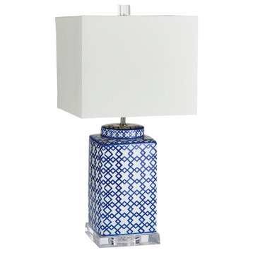 Vintage Style Blue White Fretwork Square Table Lamp Repeating Pattern 23 in