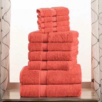 10 Piece Egyptian Cotton Soft Hand Bath Towels, Coral