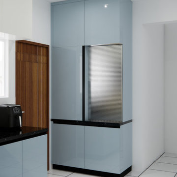 Integrated Blue Kitchen Pantry and Refrigerator