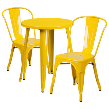 Flash Commercial Grade 24" Round Yellow Metal Table Set with 2 Cafe Chairs