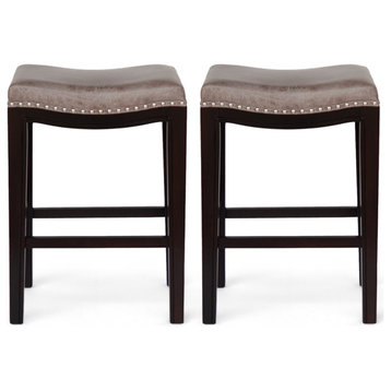 Nadine Contemporary Studded Fabric Counter Stool, Set of 2, Gray/Dark Brown/Silver