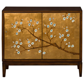 Hand Painted Gold Leaf Cherry Blossom Motif Modern Oriental Cabinet