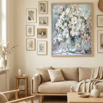 Scandinavian Neutral Living Room with Oversized Floral Art & Light Wood Accents