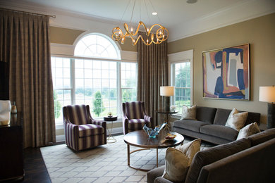 Inspiration for a huge modern open concept dark wood floor and brown floor family room remodel in Boston with a tv stand