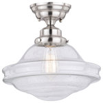 Vaxcel - Huntley 12" Semi Flush Ceiling Light Clear Glass Satin Nickel - The Huntley is a timeless collection inspired by mid-century small-town aesthetics. The vintage school house glass is the focal point of this design with its unique profile and glass options. Offered in multiple finishes and glass options, this versatile farmhouse light will provide a unique accent to a variety of kitchen, dining, and bathroom settings. Medium screw base lamping provides maximum light output. The complete collection includes chandeliers, pendants, semi-flush ceiling lights, and 1, 2 3, and 4 light bathroom vanities.