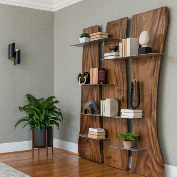 Unique Bookshelf in Modern Textural Living Room