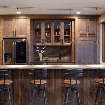 Reclaimed Wood Bar Paneling and Trim in Modern Rustic Home Bar