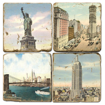 Tumbled Marble Coaster St/4 With Coaster Stand, Old New York Images