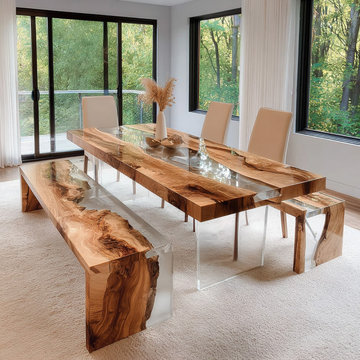 Walnut Clear Epoxy Table & Bench Set – Organic Warmth with Contemporary Clarity