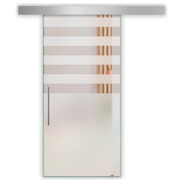 Modern Glass Sliding Barn Door with various Frosted Lines Designs, 24"x84", T-Handle Bars
