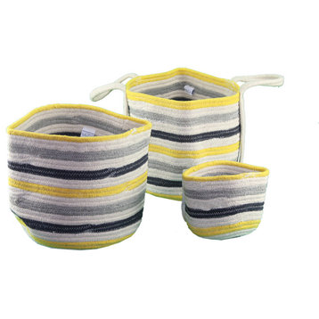 Yellow And Blue Striped Nested Basket Set, Set of 3