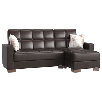 Futon Sectional Sofa, Square Tufted Seat, Brown Leatherette