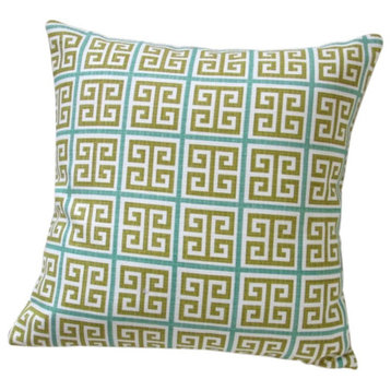 Multicolored Linen Greek Key 18" Geometric Throw Pillow, Green/Blue, Throw Pillo