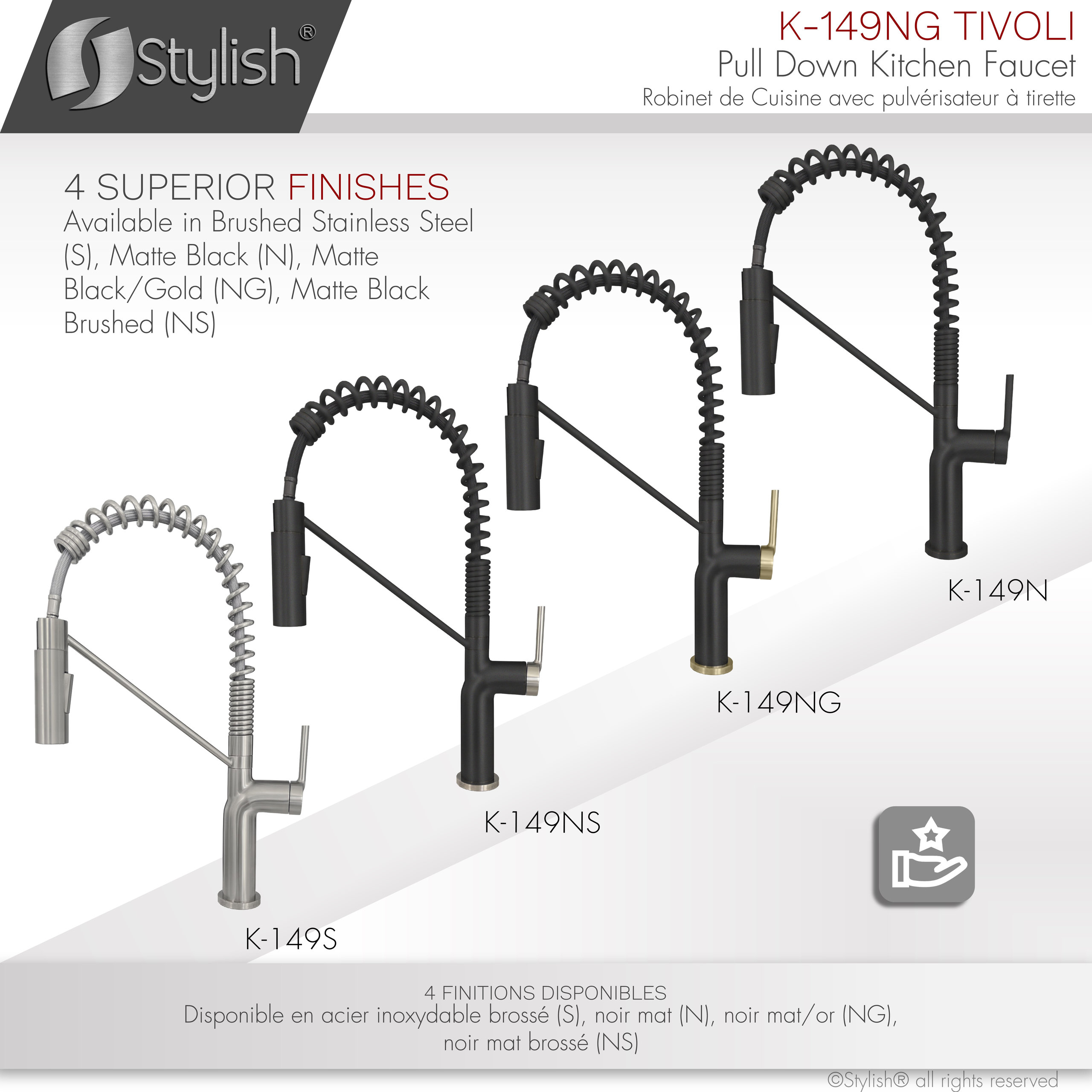 STYLISH Single Handle Pull-Down Dual Mode Kitchen Faucet in Matte Black/Gold
