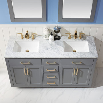 Ivy 60" Double Bathroom Vanity Set in Gray and Carrara White Marble Countertop w