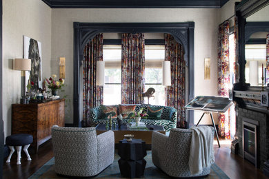 Small eclectic open concept brown floor, wallpaper and medium tone wood floor living room photo in Denver with a ribbon fireplace, a brick fireplace and gray walls