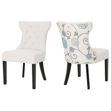 Kent Tufted Wingback Dining Chair, Set of 2, White/Blue Floral/Ivory/Dark Brown